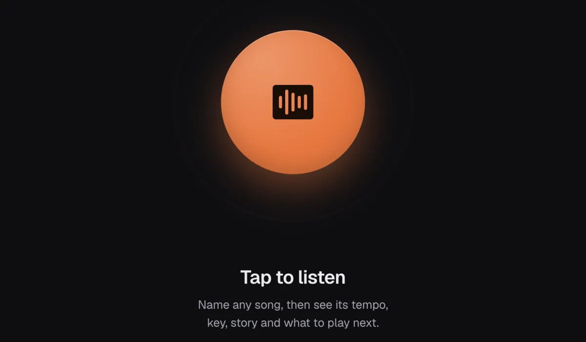Deep Listen web app: an orange Tap to listen button. Name any song, then see its tempo, key, story and what to play next.
