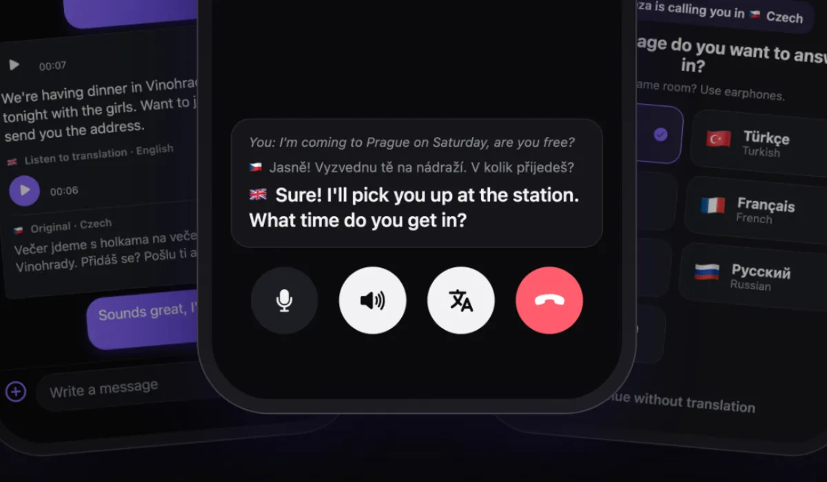 Drop on drop.buinsoft.com: a call screen with a Czech and English transcript, between a translated chat and a language picker.