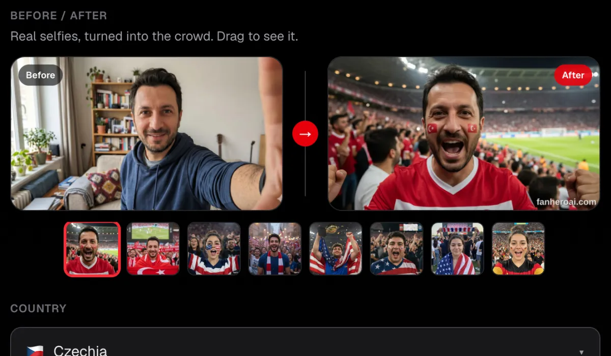 FanHero on fanheroai.com: a before and after example that turns a selfie into a fan in the stands, with more sample scenes below.