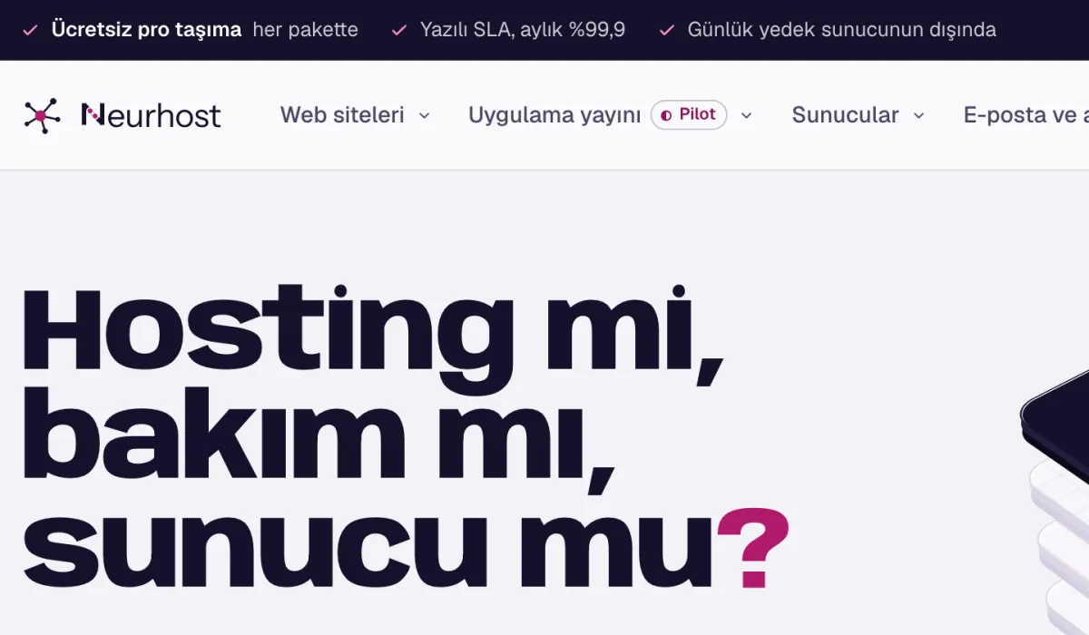 NeurHost home page in Turkish, with free migration, a written 99.9% monthly SLA and daily off-server backups in the top bar, and a Pilot label on app deployment.