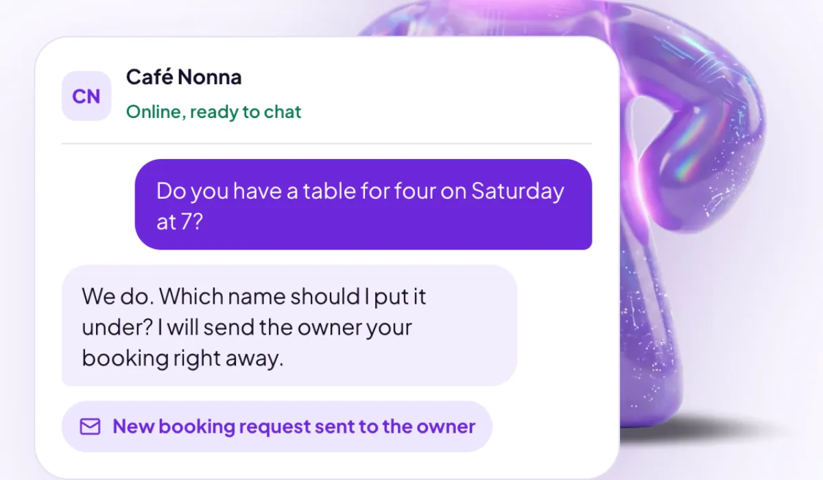 TalkMie sample chat on talkmie.com: a cafe's AI twin takes a table booking and sends it to the owner.